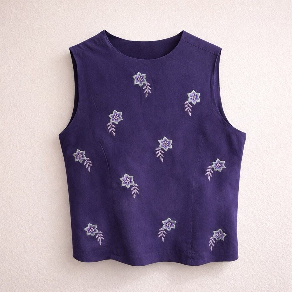 Vintage Stephanie Andrews Purple Silk Embroidered Floral Tank Top Size 12 Y2K